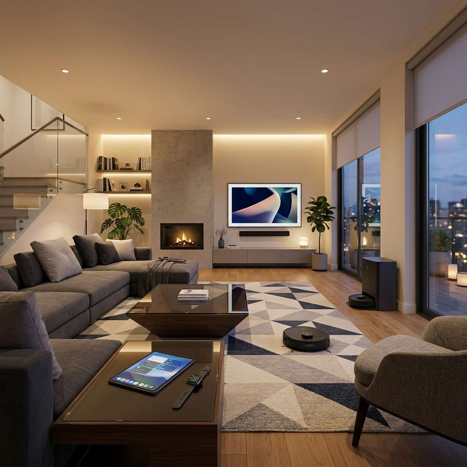 Interior moderno de hogar inteligente con tecnología